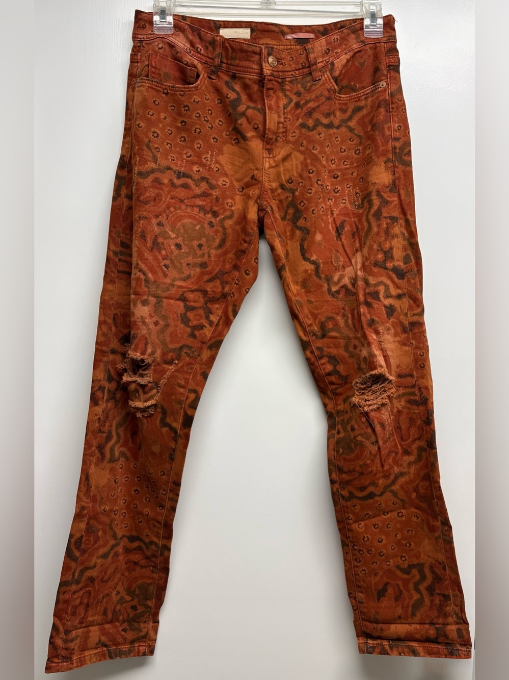 PILCRO Anthropologie Rust Orange Paisley Print Distressed Boyfriend Jeans 28